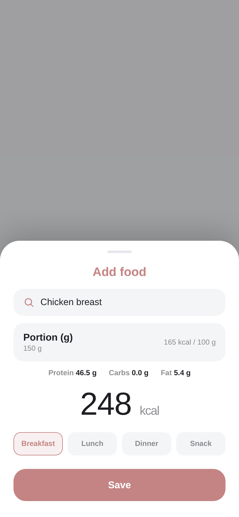 Food sheet with a search field, portion in grams, macros and meal buttons for breakfast, lunch, dinner and snack